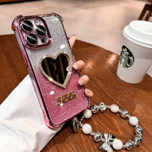 Rhinestones Highlighted Heart Shape Mirror With Anti-fall Full Protection And Lanyard For iPhone